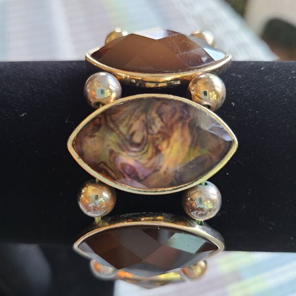 Vintage Gold Tone Stretch Bracelet Faceted Brown Stones With Iridescent Accents - Picture 5 of 10